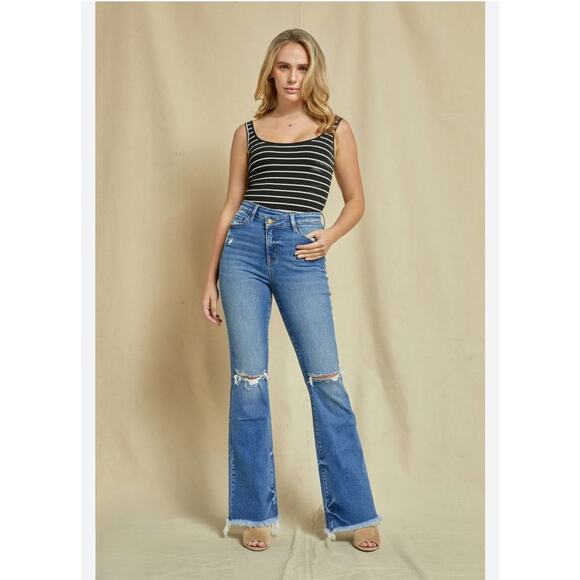 Mica Los Angeles High Rise Criss Cross Flare Jeans - Picture 2 of 8